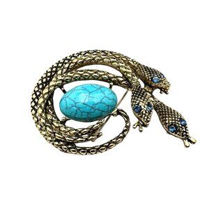 Womens Snake Brooch Gold Tone Faux Blue Turquoise Statement Pin Vintage Style